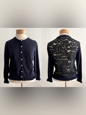 KARL LAGERFELD NAVY BLUE CARDIGAN KNIT SWEATER TOP LACE FAUX PEARL BUTTONS SMALL